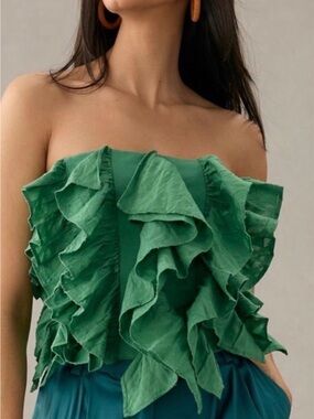 Anthropologie Green Ruffled Strapless Camisole